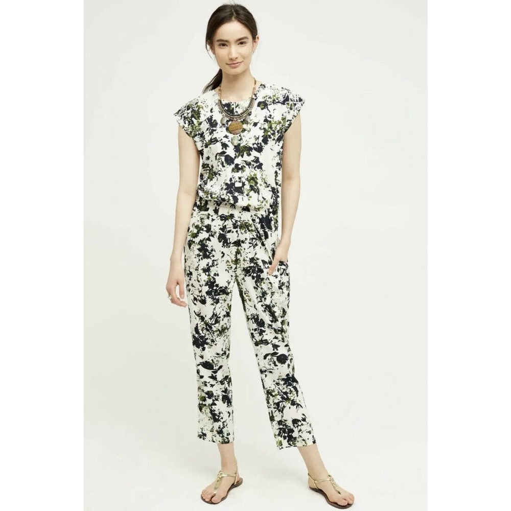 Anthropologie White Floral-Print Cap-Sleeve Jumpsuit